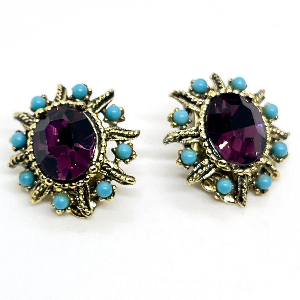 VINTAGE SUNBURST CLIP Earrings Purple Blue Rhinestone Gold Tone